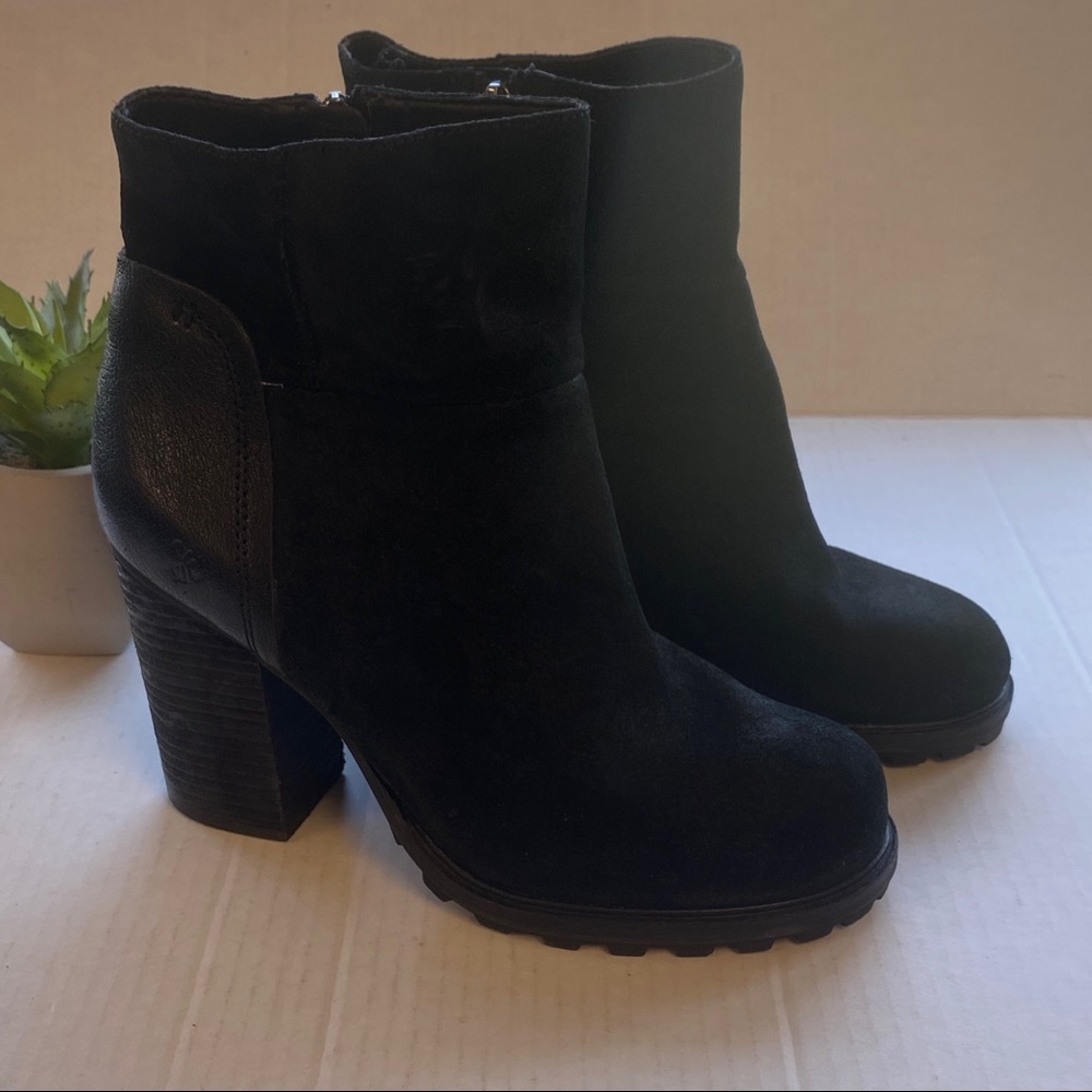 Sam Edelman chunky black leather suede ankle boots lug sole size 9.5 block heel